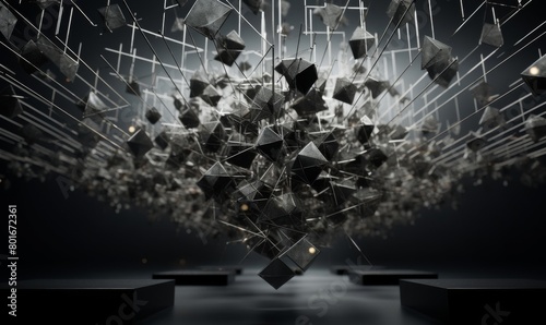 Abstract 3d rendering of sound wave-like geometric shapes emanating from dual sources with a dark, moody background, evoking intricate audio dynamics and technology