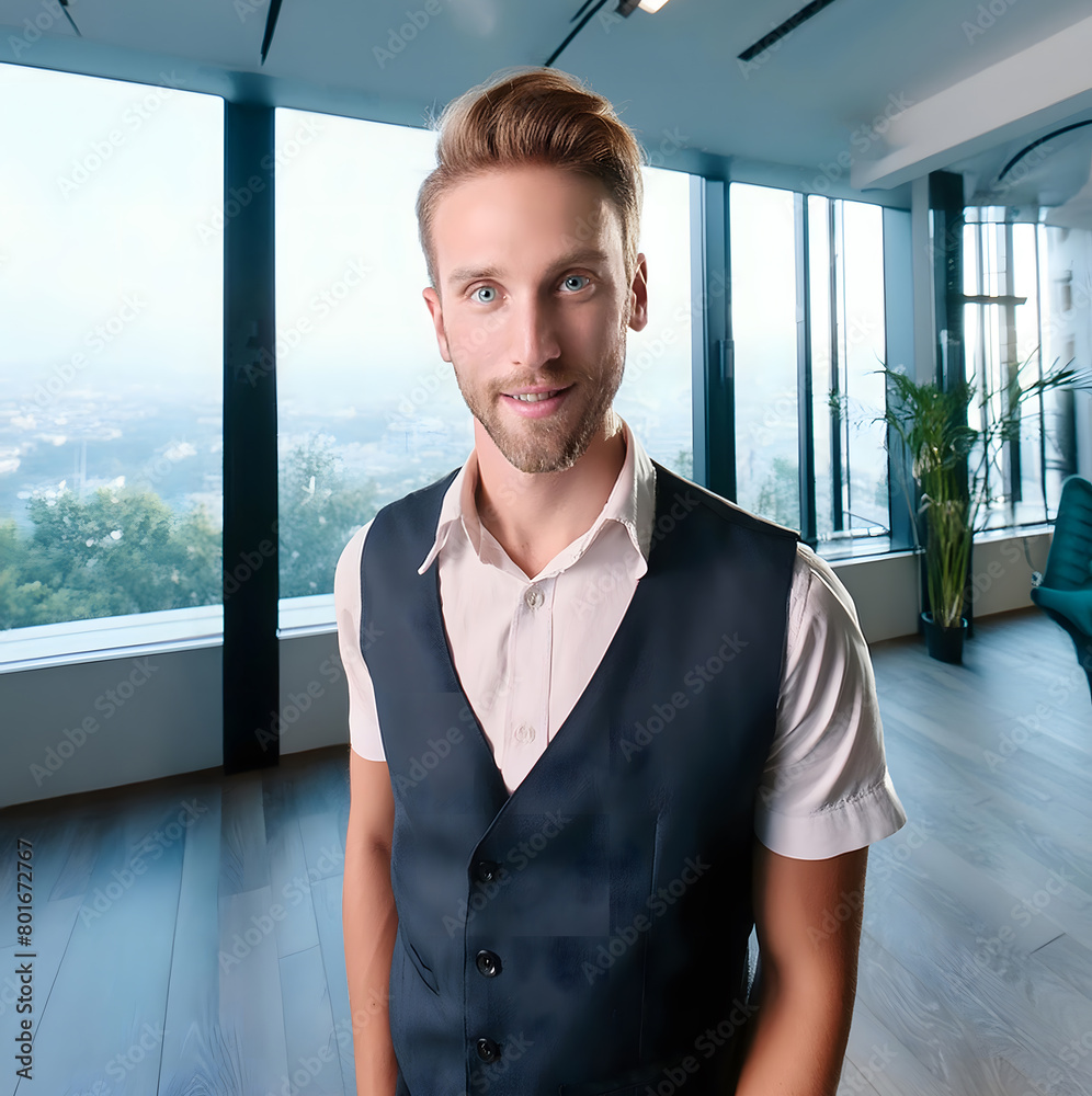 Fototapeta premium Young professional with a bright smile in a high-tech office 