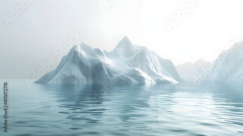 3D rendering of an abstract light white landscape background with a white rocky glacier in the middle of the ocean. Ice Mountain. White cold terrain, background image