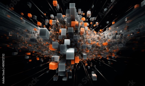 Dynamic array of orange and white cubes creating explosive audio wave visualization against dark background with motion blur effects