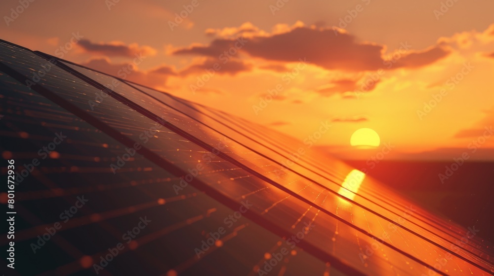 Fototapeta premium Solar panels gleam under the setting sun, highlighting the promise of renewable energy with a picturesque sky in the backdrop, embodying innovation and sustainability.
