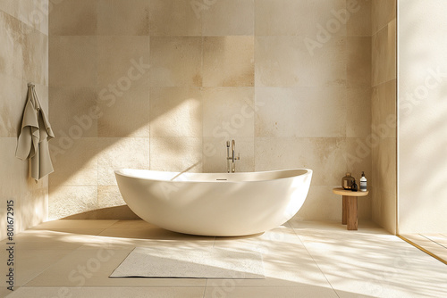 Swiss Modern Home Bathroom with Sleek Fixtures and Glossy Ceramic Tiles  Highlighted by Soft Daylight in a Neutral Palette