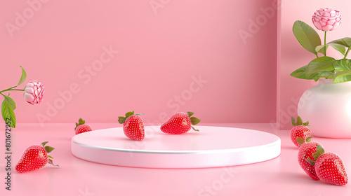 Hyperrealistic 3D Render of Empty Display Stage with Strawberry-themed Decoration