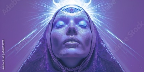 the face of young humanoid alien woman with white hair and wearing nun robes, looking straight ahead at camera, with light blue rays emanating from her forehead photo