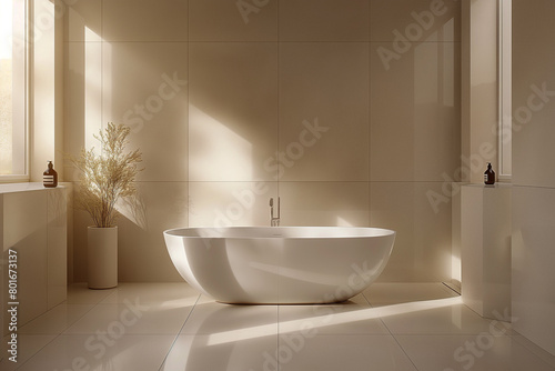 Swiss Modern Home Bathroom with Sleek Fixtures and Glossy Ceramic Tiles  Highlighted by Soft Daylight in a Neutral Palette