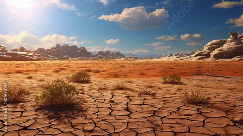 A vast desert landscape with a clear blue sky and a bright sun. The ground is covered in cracked earth, with occasional shrubs and rocks dotting the landscape. photo