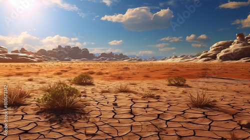 A vast desert landscape with a clear blue sky and a bright sun. The ground is covered in cracked earth, with occasional shrubs and rocks dotting the landscape.