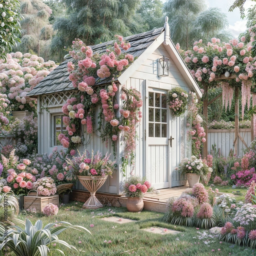 Fototapeta premium Idyllic garden shed surrounded by blooming flowers