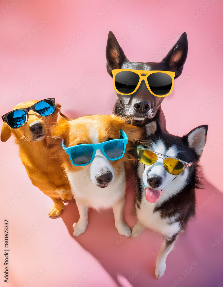 Fashionable dogs in sunglasses in front of colorful buildings, great for urban pet lifestyle themes	