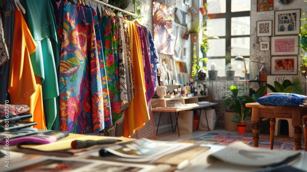 An enchanting image of a fashion designer's studio with colorful fabrics and sketches, illustrating the artistry and creativity of fashion design on National Creativity Day.