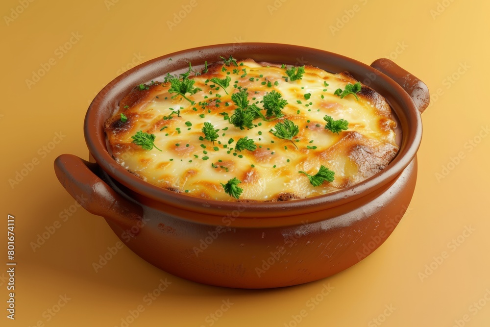 3D render of Greek potato and meat casserole with cheese or moussaka isolated on orange backdrop, illustration, food 3D render of Greek potato and meat casserole with cheese or moussaka isolated on orange backdrop, illustration, food