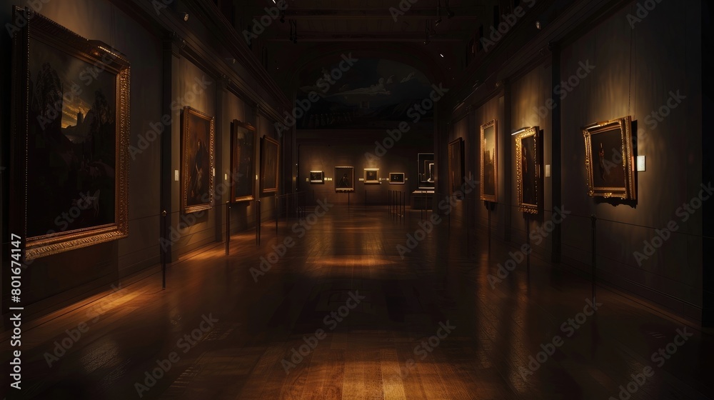 An enchanting image of a museum's dimly lit gallery, highlighting the artwork's subtle details and textures.