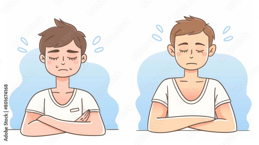 An illustration of stress and anxiety levels with the first image showing a person with a furrowed brow and tense shoulders and the second image showing a more relaxed and calm individual. An illustration of stress and anxiety levels with the first image showing a person with a furrowed brow and tense shoulders and the second image showing a more relaxed and calm individual.