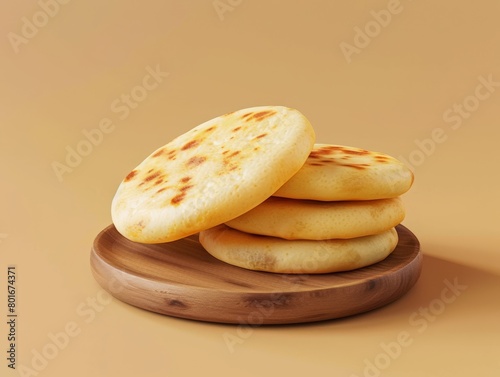3D render of arepa on wood plate isolated on beige backdrop, food, illustration
