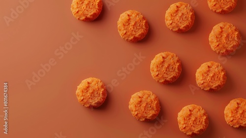 3D render of cod fish cakes isolated on brown backdrop, food, copy space photo