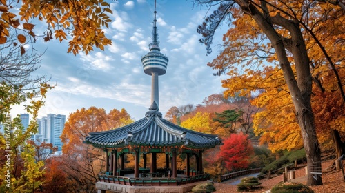 Namsan Tower and pavilion during the autumn leaves in Seoul