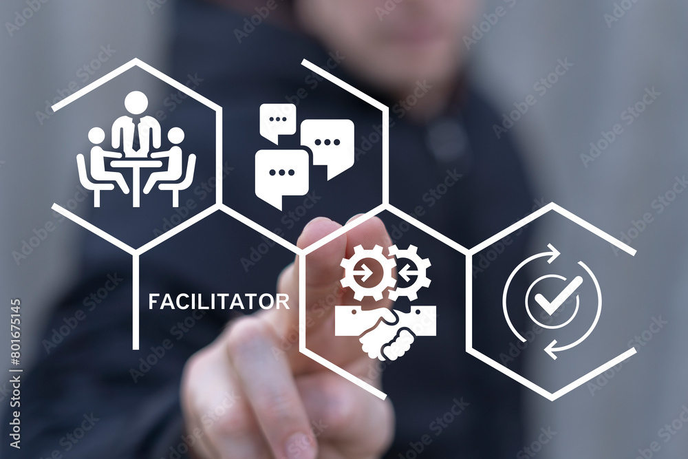 Man working on virtual interface sees word: FACILITATOR. Concept of facilitation service. Business finance facilitating. Man working on virtual interface sees word: FACILITATOR. Concept of facilitation service. Business finance facilitating.