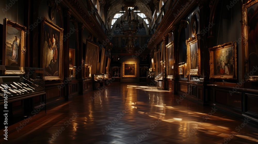 An enchanting image of a museum's dimly lit gallery, highlighting the dramatic lighting and the artwork on display.