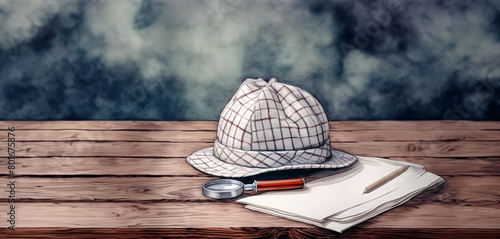 Detective’s hat, magnifying glass, and papers on a wooden surface, set against a cloudy backdrop. A scene of mystery and investigation