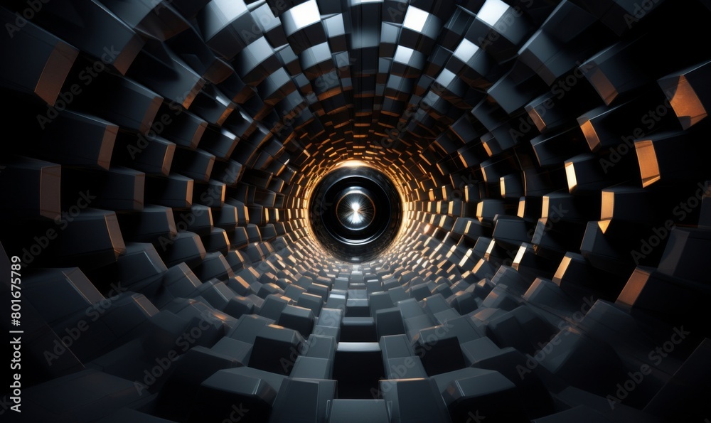 Obraz premium 3d rendered tunnel with geometric patterns leading to a glowing orange center, evoking a modern sense of depth and technological progress