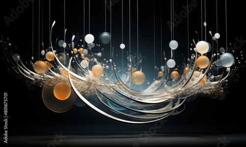 Futuristic 3d motion effect, cream and blue spheres suspended in white waves against a dark background, creating an artistic and serene scene