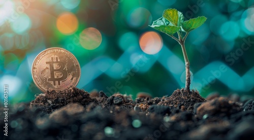 Small tree sprouting from an old copper coin with the bitcoin symbol on it, standing in dirt next to some coins and growing plants.