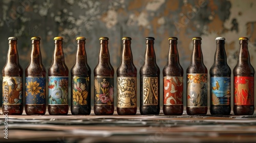 An enchanting image of a row of craft beer bottles  each label telling a unique story of flavor and craftsmanship on Beer Day Britain.