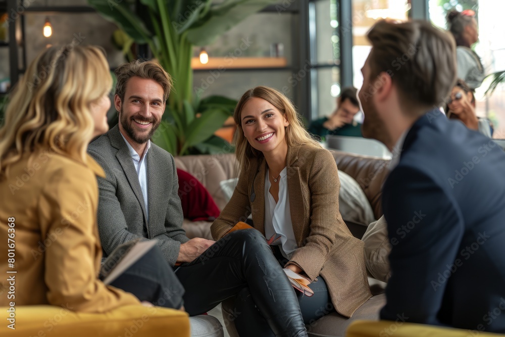 Group of business people sitting on sofa in office, talking and smiling