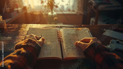 An enchanting image of a person's hands closing a planner or calendar, signifying the end of the workday and the opportunity to enjoy the rest of the day on Leave The Office Early Day. photo