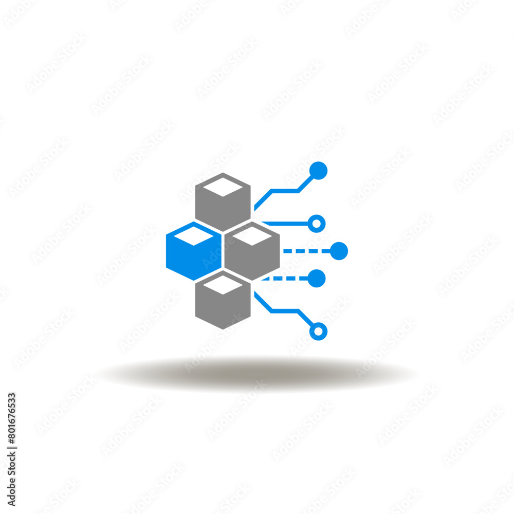 Vector illustration of 3d cubes and circuit pattern. Icon of blockchain technology. Symbol of P2P.