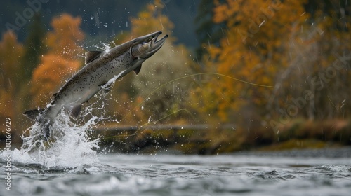 A Chum Salmon (Oncorhynchus keta) that has been hooked by an angler, leaping out of the water in its bid for freedom on the Kitimat River photo