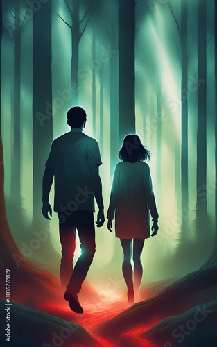 pareja  se pierde  en un bosque  con tematica drama  suspenso  estilo hyper-realistic gore photo