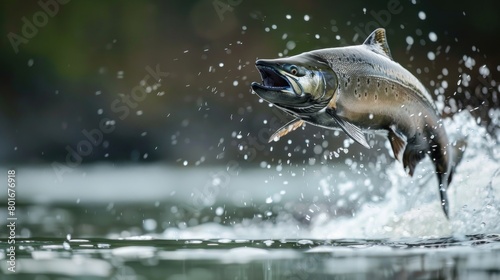 A Chum Salmon (Oncorhynchus keta) that has been hooked by an angler, leaping out of the water in its bid for freedom on the Kitimat River