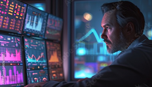 Intensely Focused Trader Amid Glowing Screens 💼💻 Realistic Financial Analysis Scene