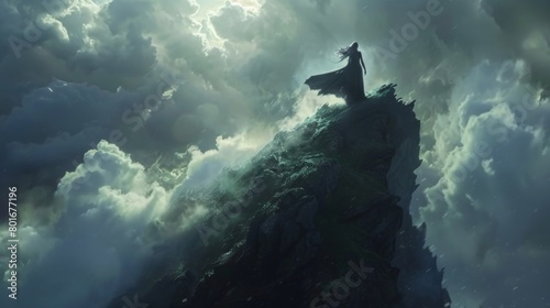 A witch stands atop a towering cliff her hair swirling around her as she conjures a storm with a flick of her fingers. . . photo