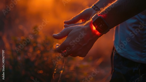 An enchanting image of a runner s hands holding a running watch or fitness tracker  monitoring their progress and performance on Global Running Day.