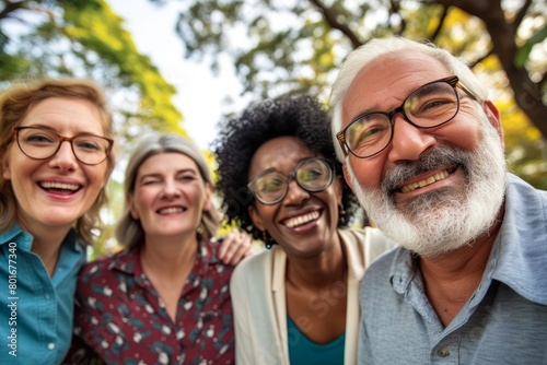 Group of diverse senior friends having fun together in the park. Multiethnic group of people bonding outdoors.