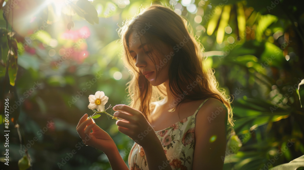 A beautiful woman holding and looking at a flower in a tropical forest, sunlight through leaves, portrait photography, closeup shot, cinematic, soft light, bokeh effect background, pastel colors, A beautiful woman holding and looking at a flower in a tropical forest, sunlight through leaves, portrait photography, closeup shot, cinematic, soft light, bokeh effect background, pastel colors,