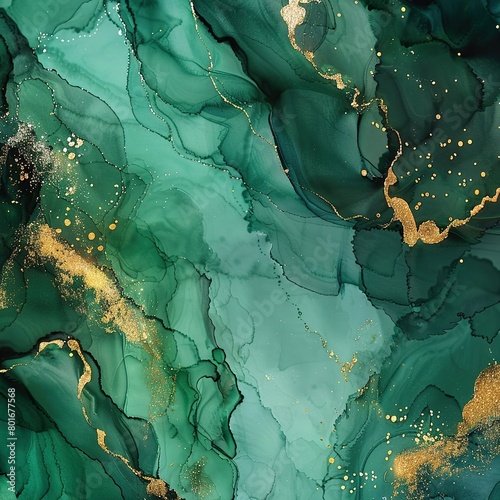 Green marble and clear alcohol ink art, you can experiment with different techniques, such as dripping, swiping or "blowing" for unique and vibrant visual effects. Add elements like gold. © Mariela
