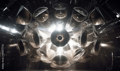 Abstract image showcasing a modern chandelier with symmetrical light reflections creating a mesmerizing pattern on a dark, mysterious background