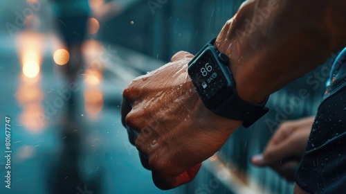 An enchanting image of a runner's hands holding a running watch or fitness tracker, monitoring their progress and performance on Global Running Day.