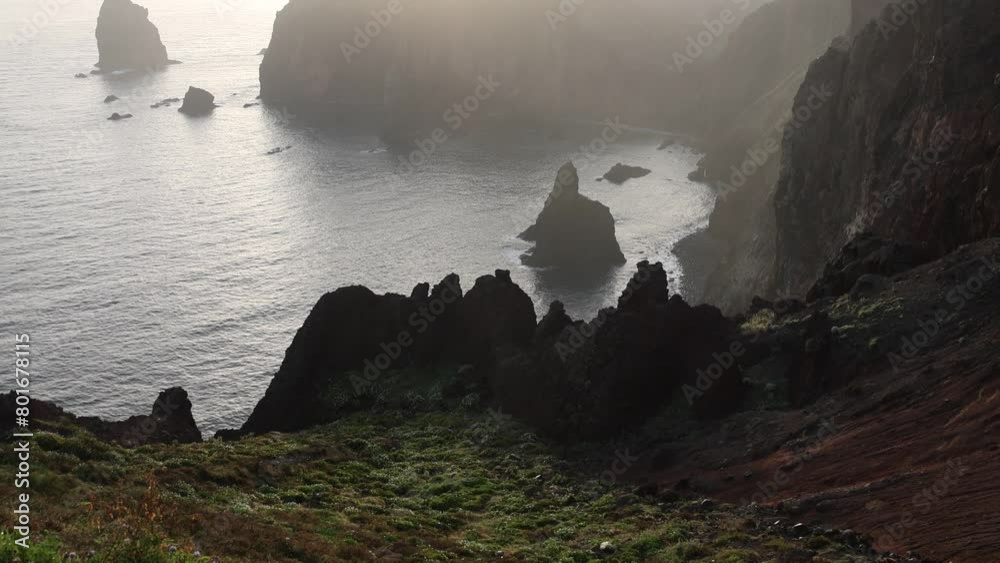 Scenic landscape of Ponto do Rosto landscape during sun rise in Madeira island, Portugal.