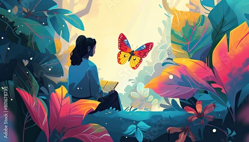 🌴 Tropical Scene with a Woman Reading and Butterflies Nearby 📚 Tranquil Setting for Relaxation and Nature Appreciation 🦋 Ideal for Illustrations and Lifestyle Themes 🌞