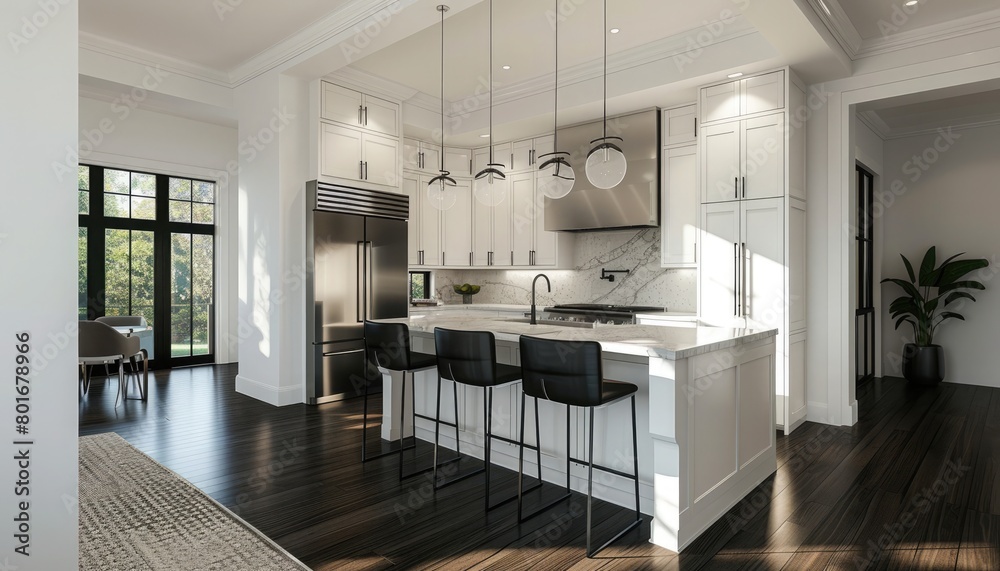 Modern minimalist kitchen interior concept with white design elements clean lines and simple decor emphasizing spaciousness and functionality for a sleek look.