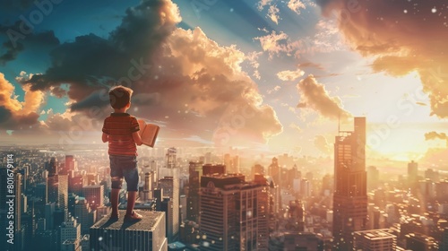 An adventurous child standing on a city rooftop with a book in hand, acting out the story with the cityscape as their backdrop, embodying the characters and their journeys. photo