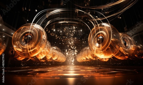 Captivating digital depiction of swirling golden energy waves and floating particles in a futuristic, dark environment, ideal for technology, energy, and contemporary abstract art concepts