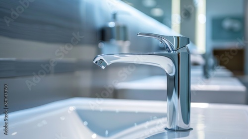 A Faucet with sink installation in bathroom. A faucet is a device that controls the flow of a liquid from