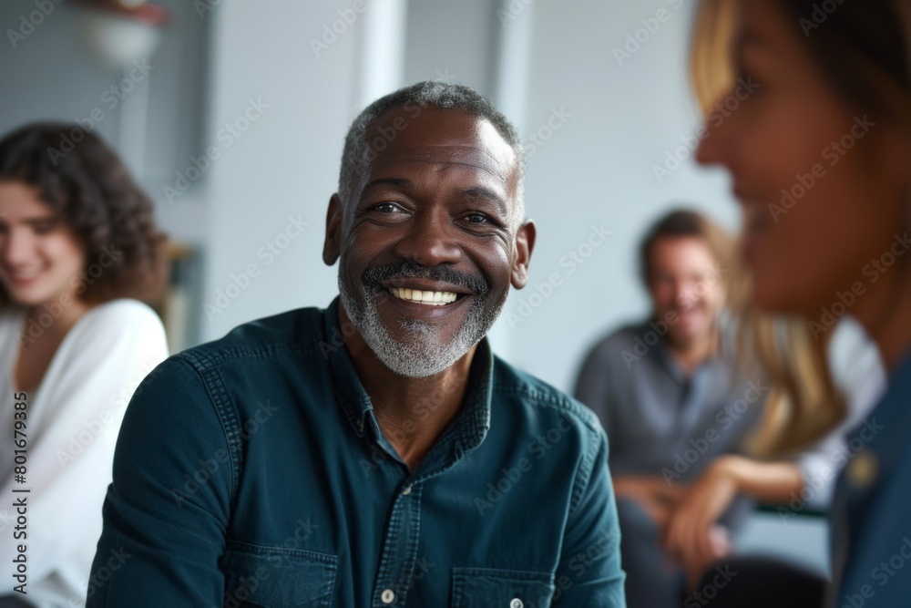 Portrait of a senior business man smiling at the camera while his colleagues discussing in the background Portrait of a senior business man smiling at the camera while his colleagues discussing in the background