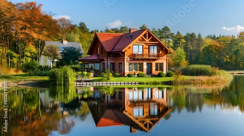 Red bricks house in countryside near the lake with mirror reflec
 photo