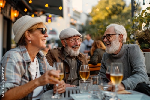 Group of senior friends having fun on a summer terrace in the city.